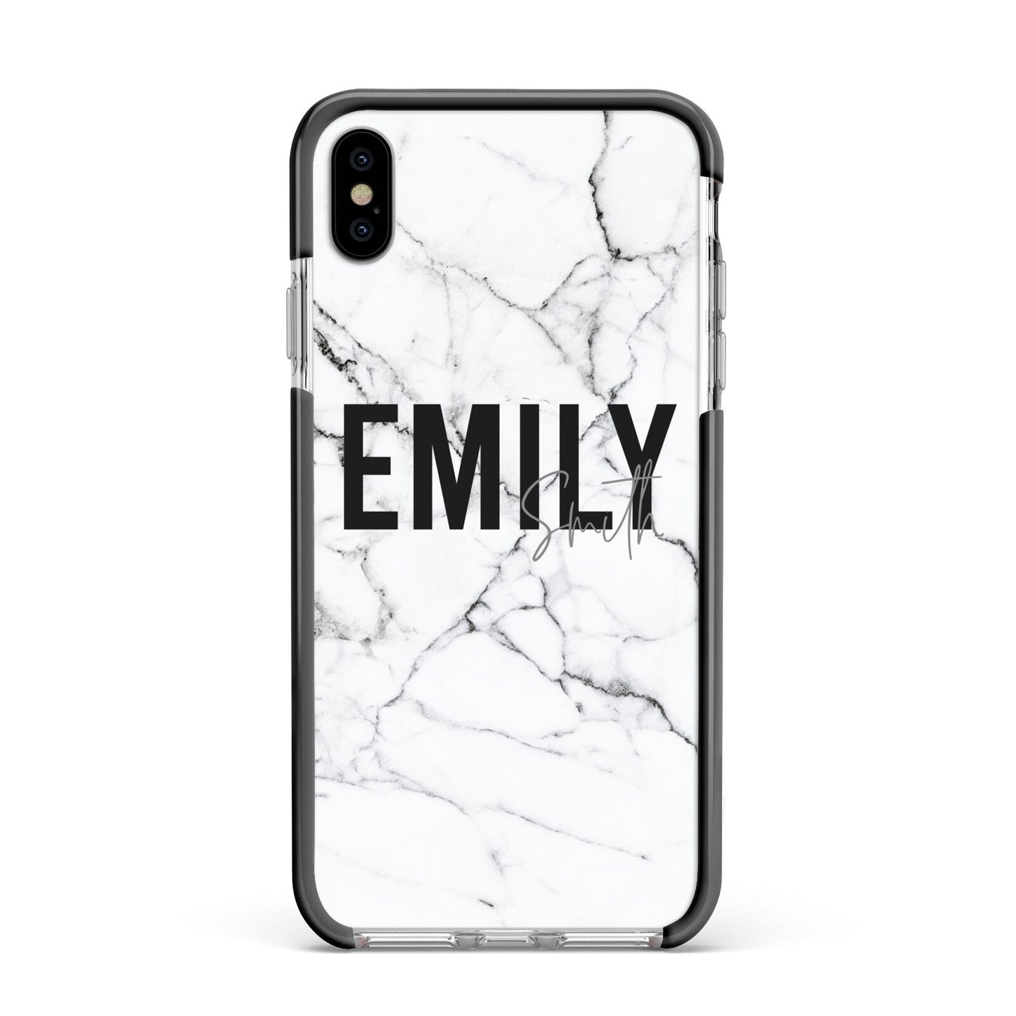 Black and White Personalised Marble Block Text Apple iPhone Xs Max Impact Case Black Edge on Silver Phone