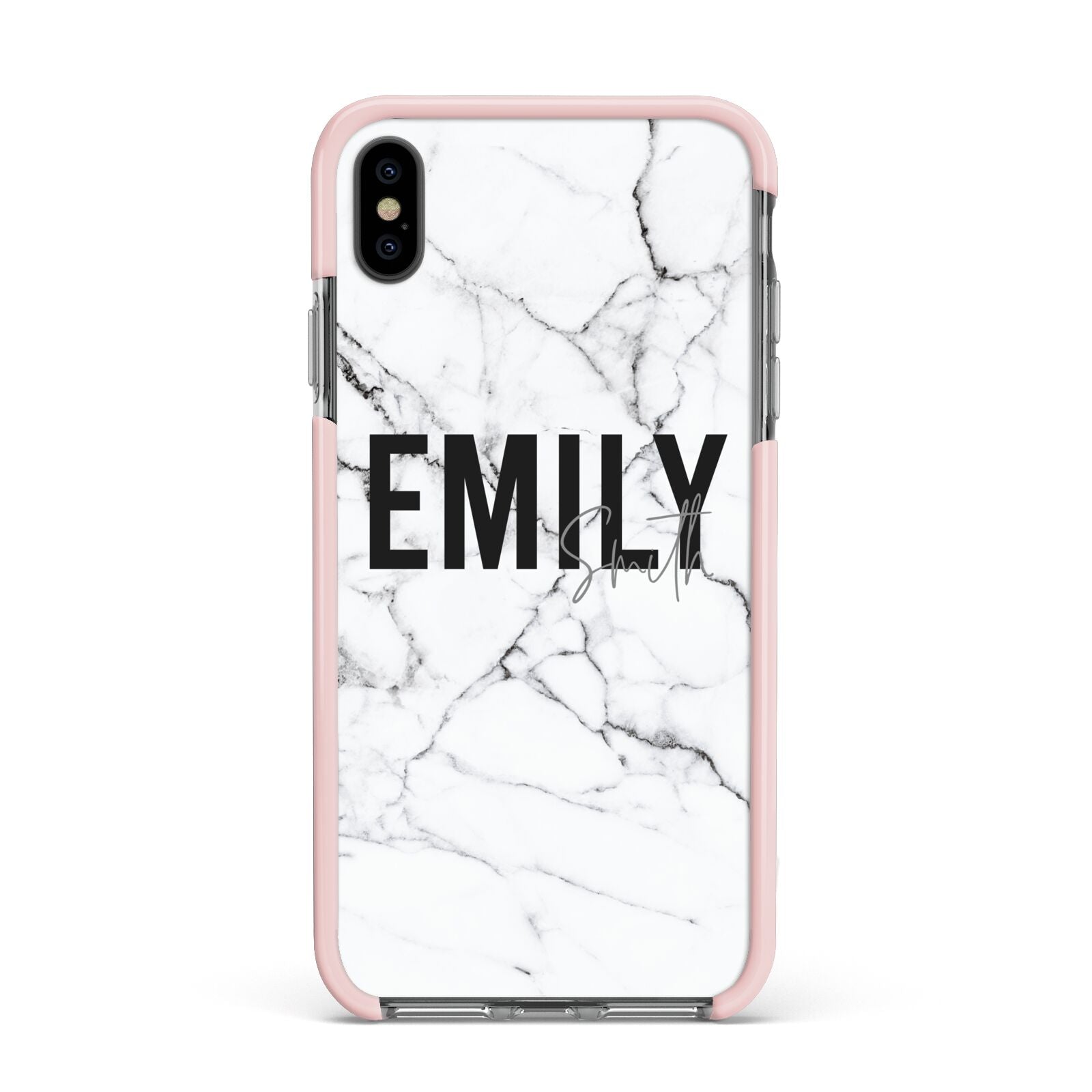 Black and White Personalised Marble Block Text Apple iPhone Xs Max Impact Case Pink Edge on Black Phone