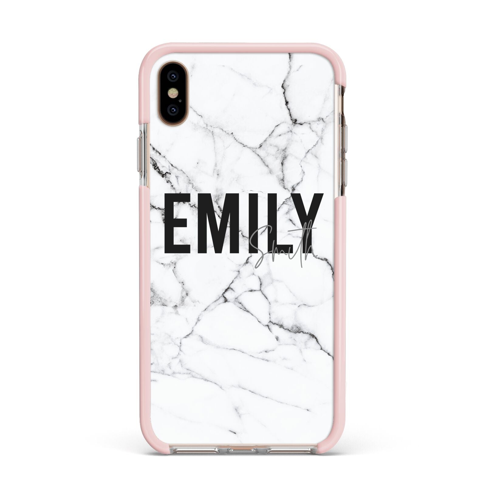 Black and White Personalised Marble Block Text Apple iPhone Xs Max Impact Case Pink Edge on Gold Phone