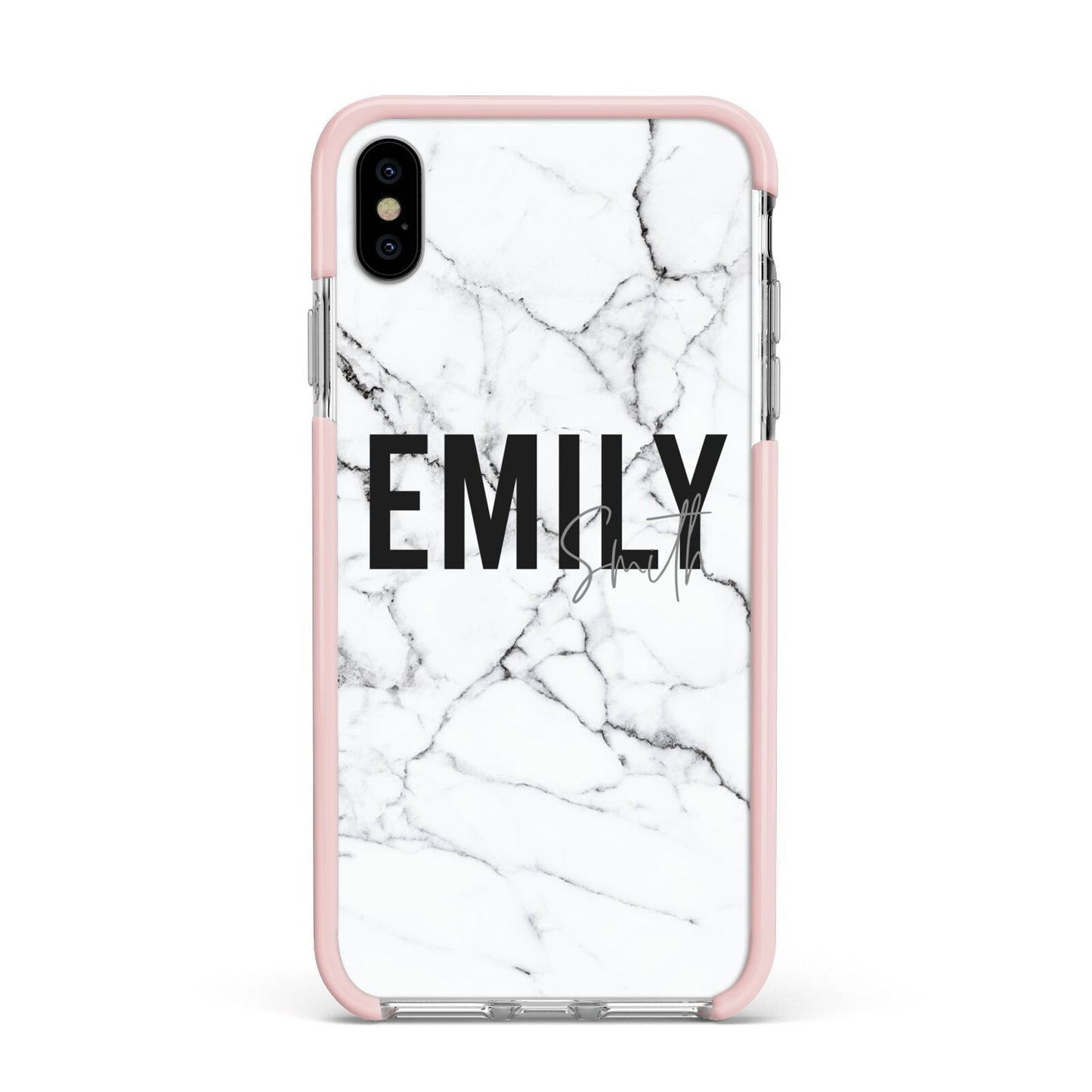 Black and White Personalised Marble Block Text Apple iPhone Xs Max Impact Case Pink Edge on Silver Phone