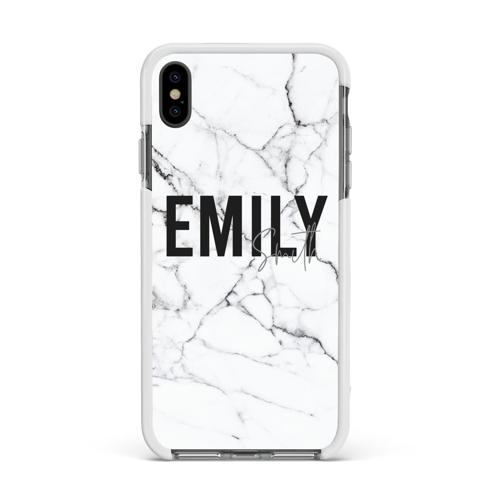Black and White Personalised Marble Block Text Apple iPhone Xs Max Impact Case White Edge on Black Phone