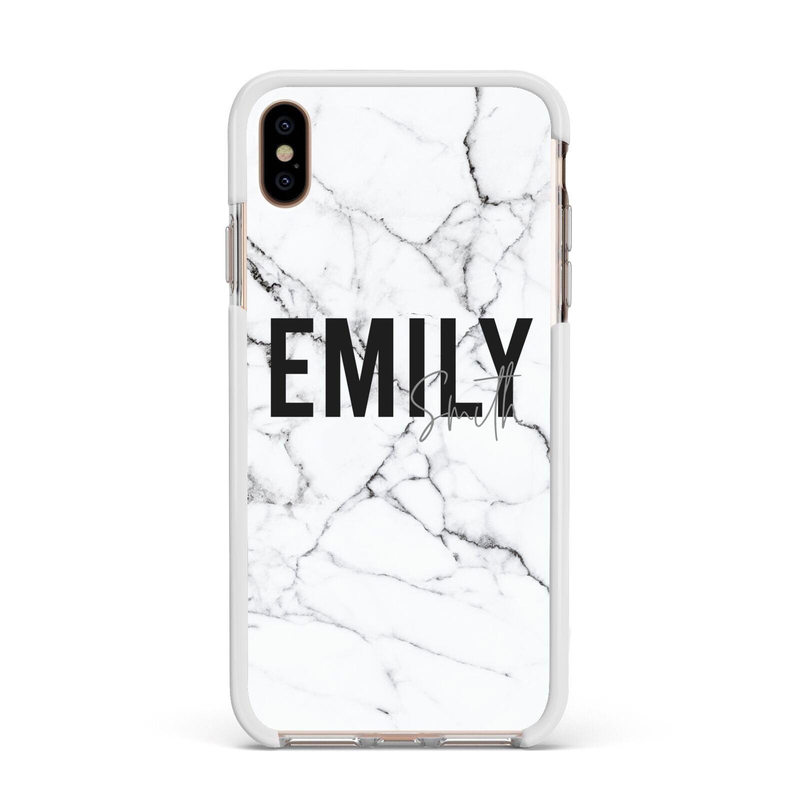 Black and White Personalised Marble Block Text Apple iPhone Xs Max Impact Case White Edge on Gold Phone
