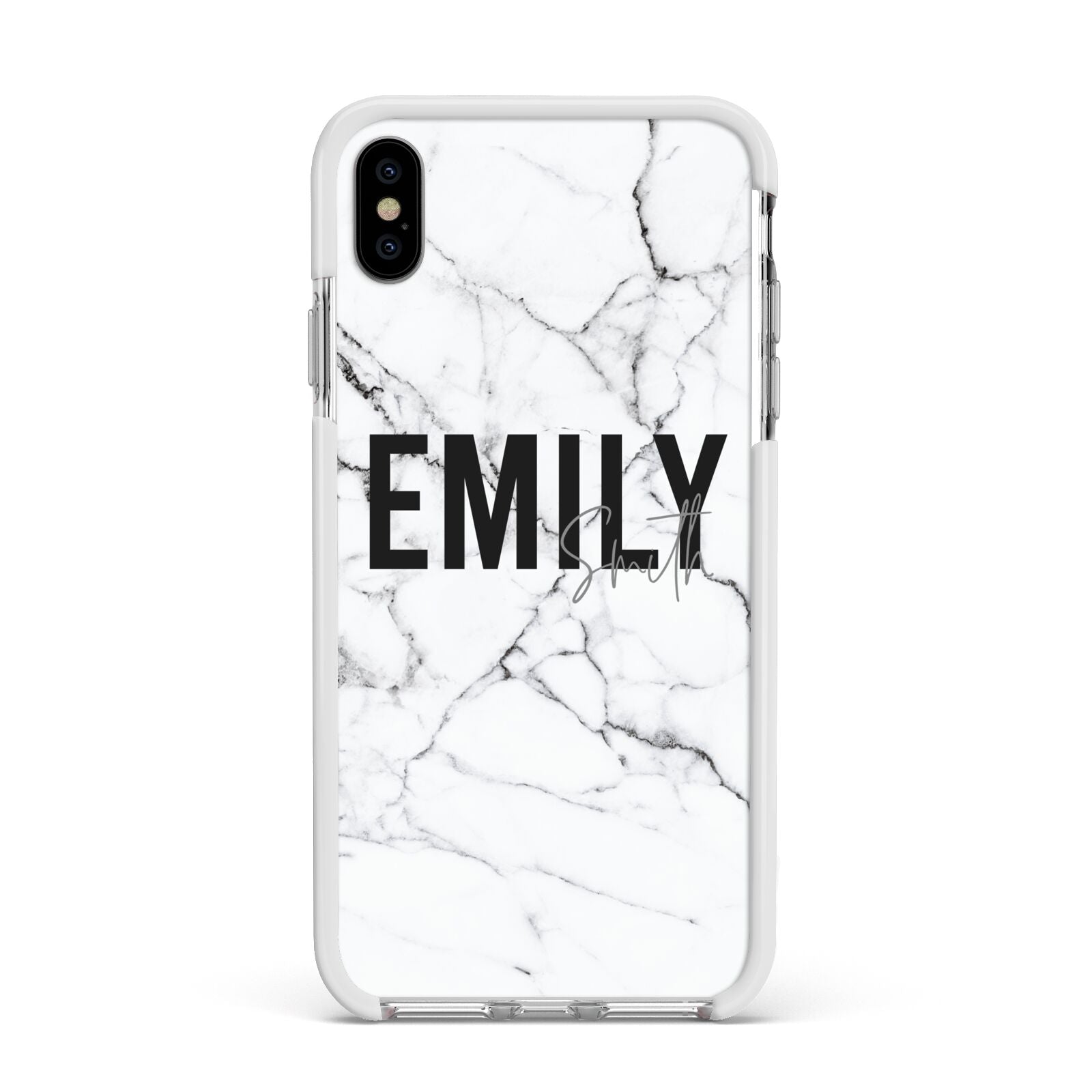 Black and White Personalised Marble Block Text Apple iPhone Xs Max Impact Case White Edge on Silver Phone