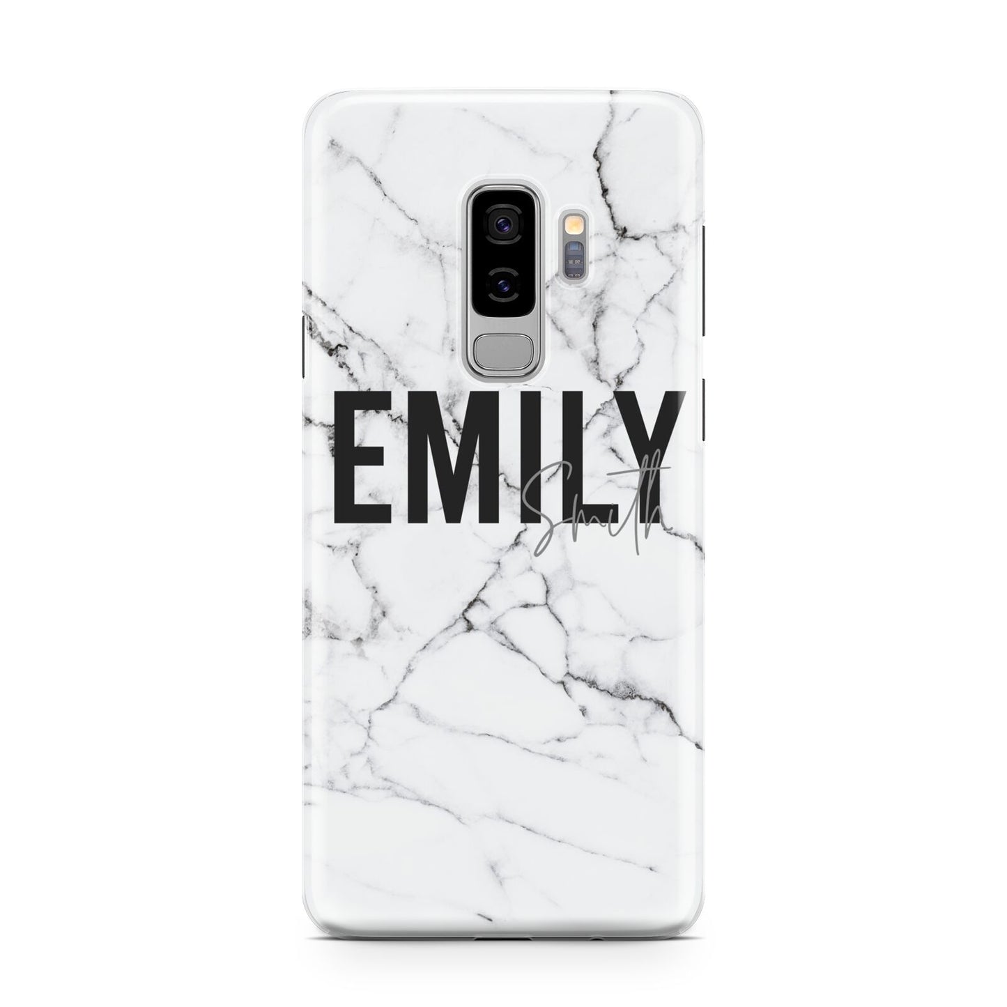 Black and White Personalised Marble Block Text Samsung Galaxy S9 Plus Case on Silver phone