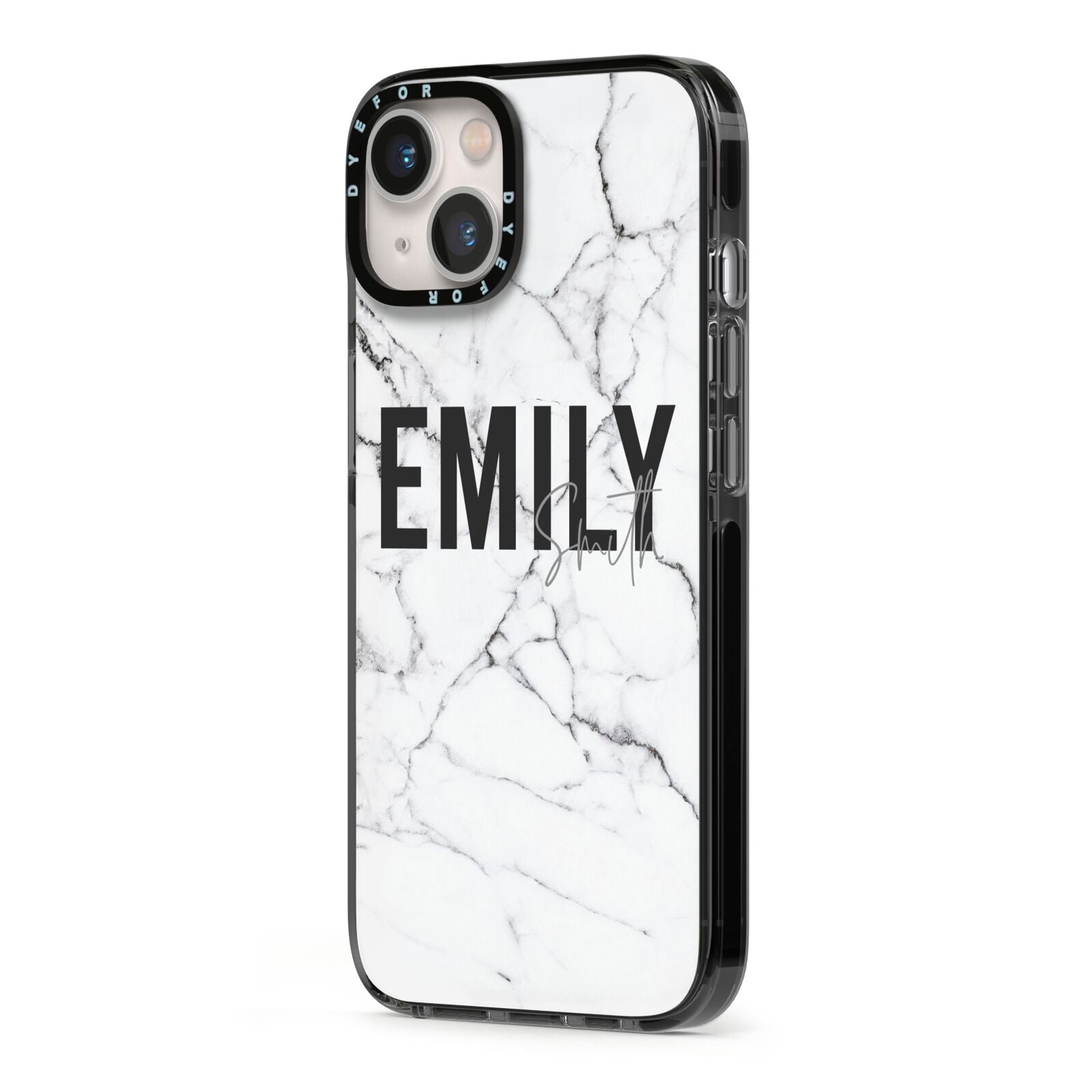 Black and White Personalised Marble Block Text iPhone 13 Black Impact Case Side Angle on Silver phone