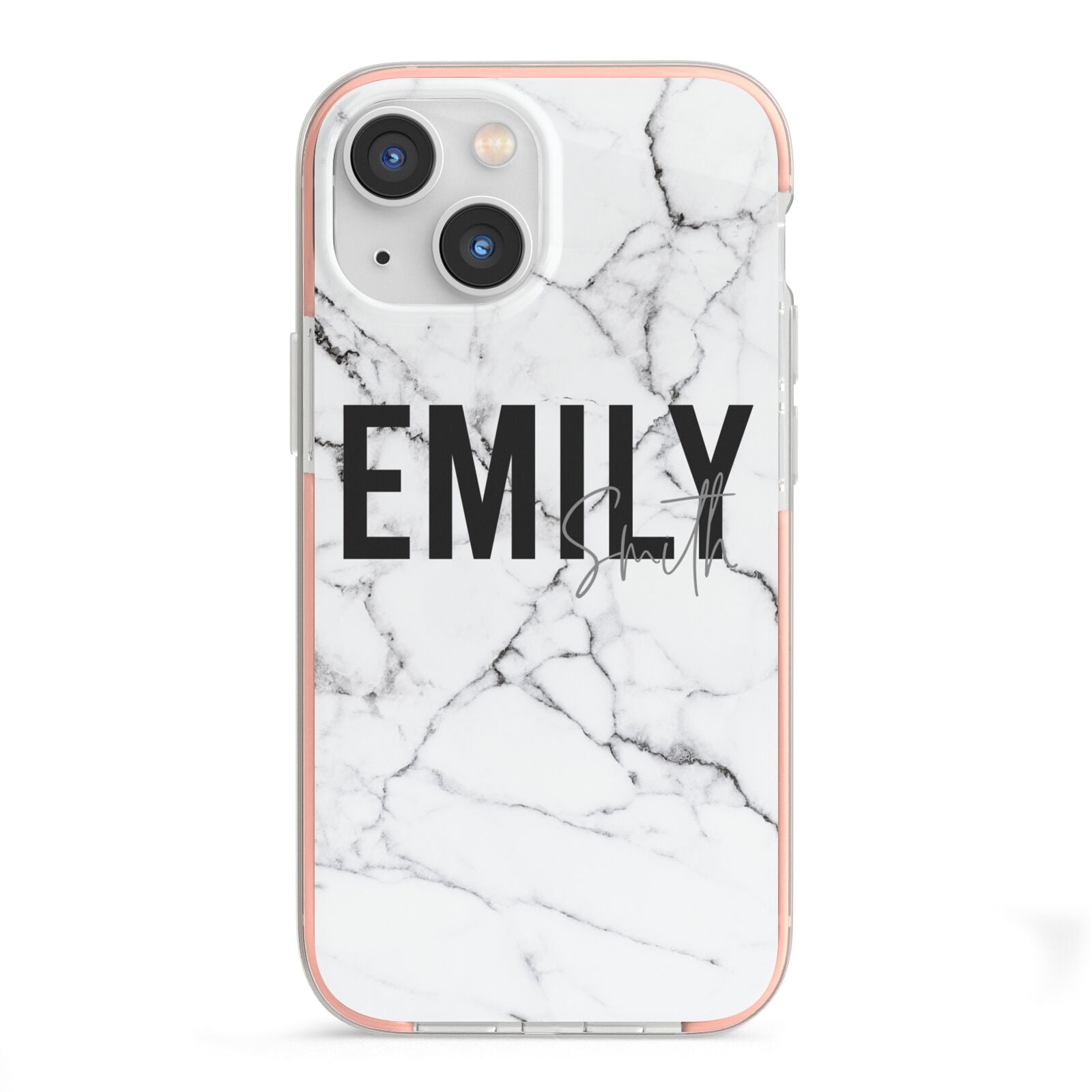 Black and White Personalised Marble Block Text iPhone 13 Mini TPU Impact Case with Pink Edges