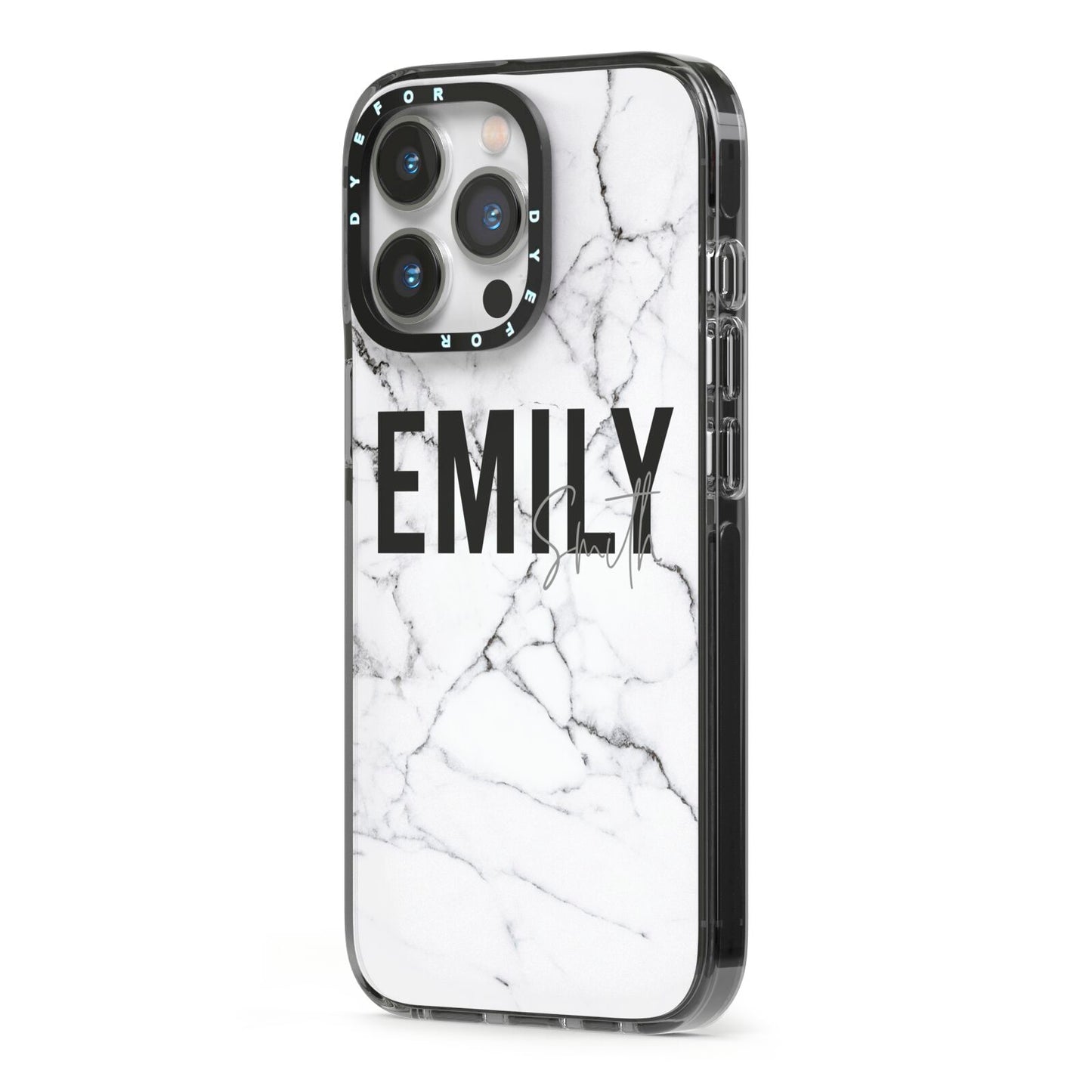 Black and White Personalised Marble Block Text iPhone 13 Pro Black Impact Case Side Angle on Silver phone