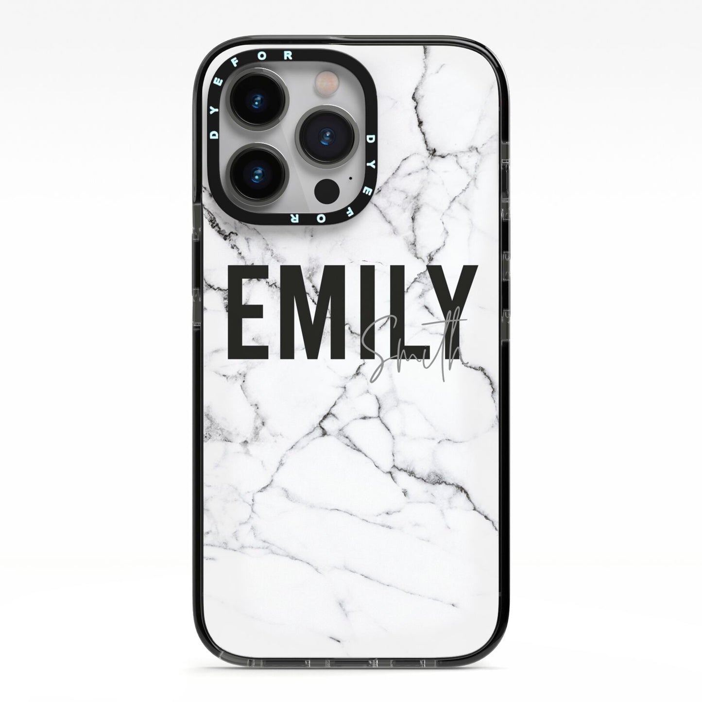 Black and White Personalised Marble Block Text iPhone 13 Pro Black Impact Case on Silver phone