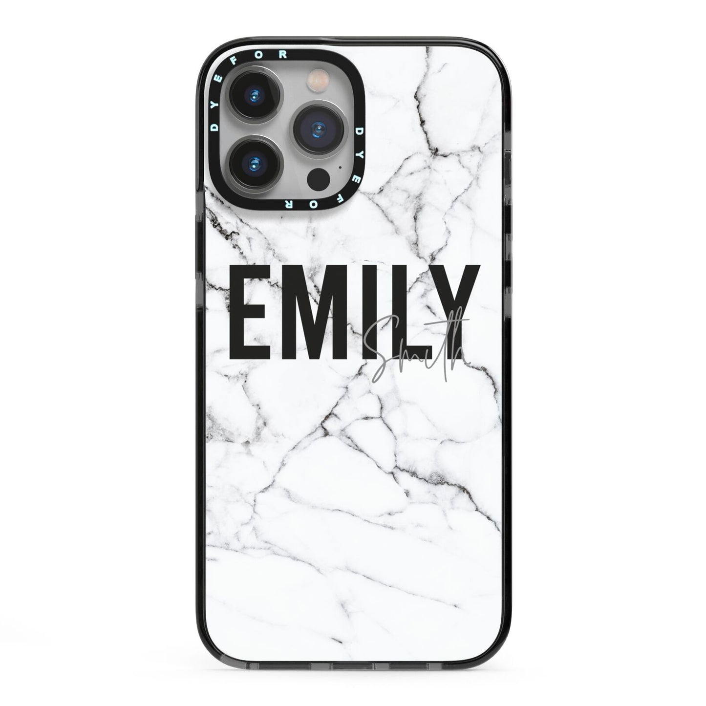 Black and White Personalised Marble Block Text iPhone 13 Pro Max Black Impact Case on Silver phone