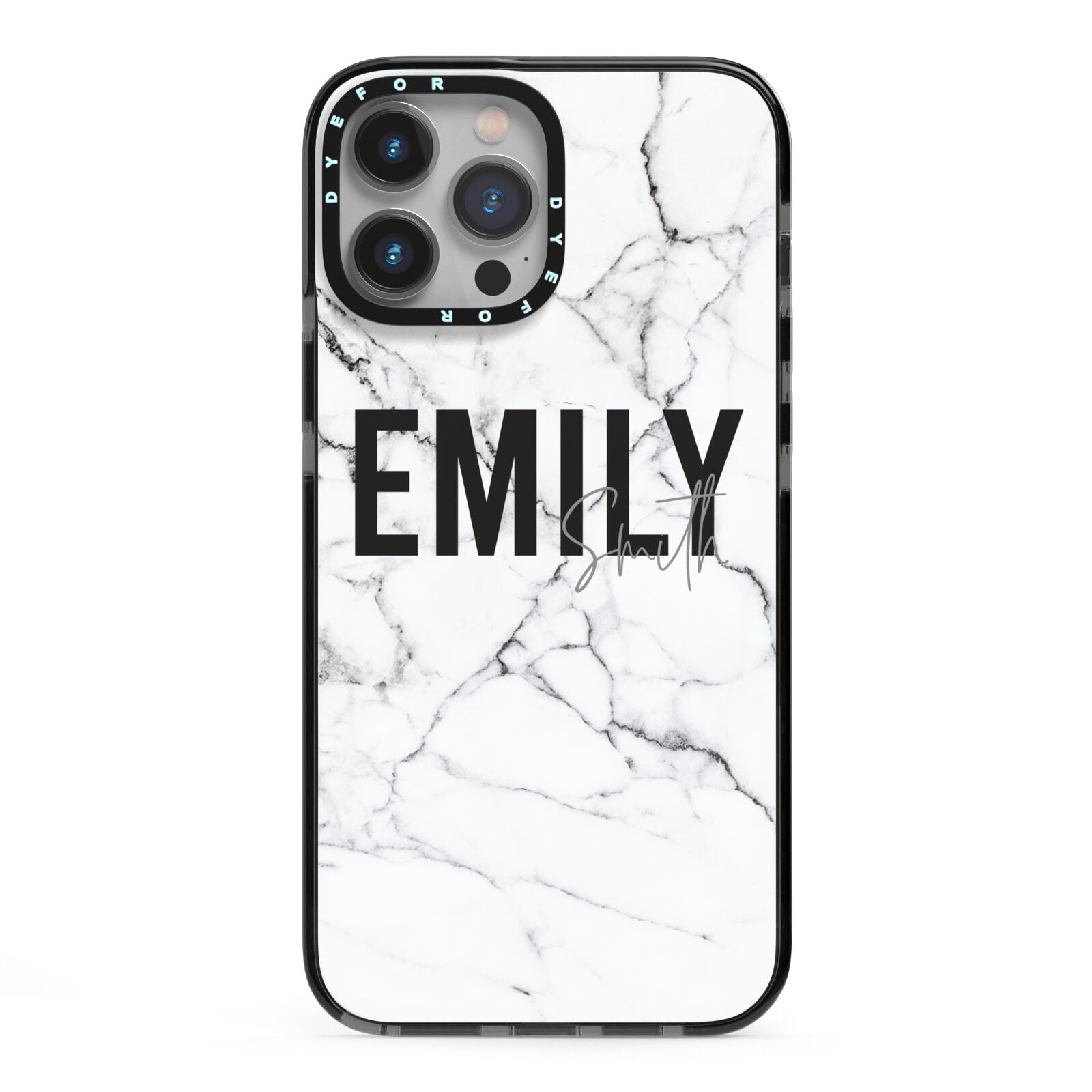 Black and White Personalised Marble Block Text iPhone 13 Pro Max Black Impact Case on Silver phone