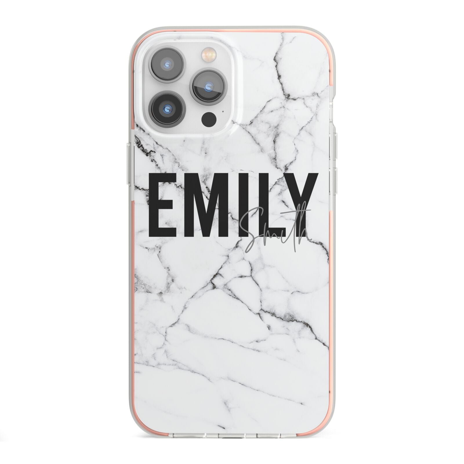 Black and White Personalised Marble Block Text iPhone 13 Pro Max TPU Impact Case with Pink Edges