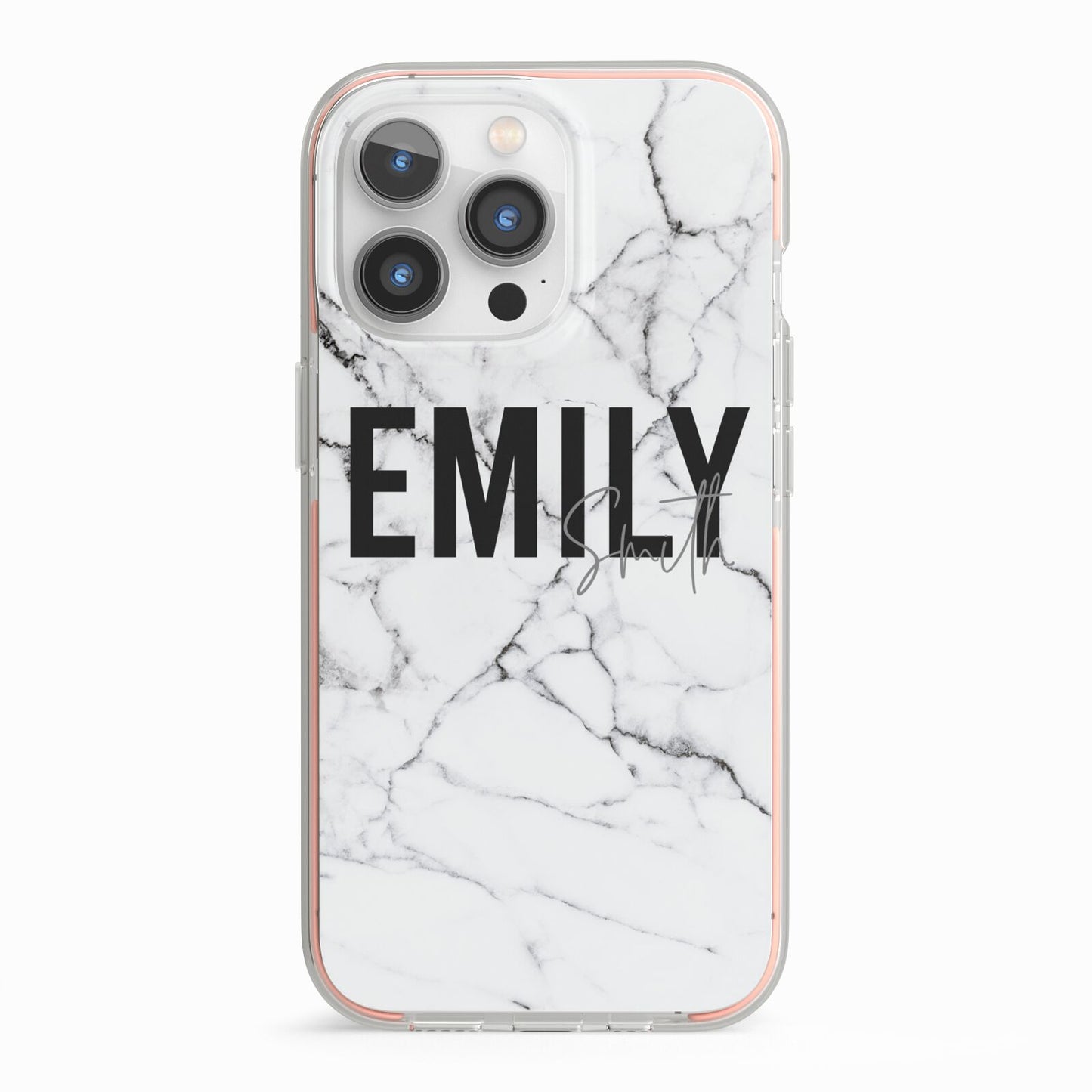 Black and White Personalised Marble Block Text iPhone 13 Pro TPU Impact Case with Pink Edges