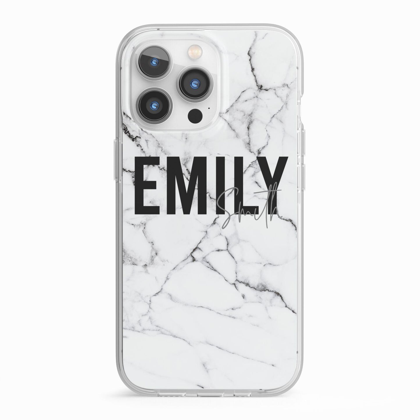 Black and White Personalised Marble Block Text iPhone 13 Pro TPU Impact Case with White Edges
