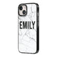 Black and White Personalised Marble Block Text iPhone 14 Black Impact Case Side Angle on Silver phone