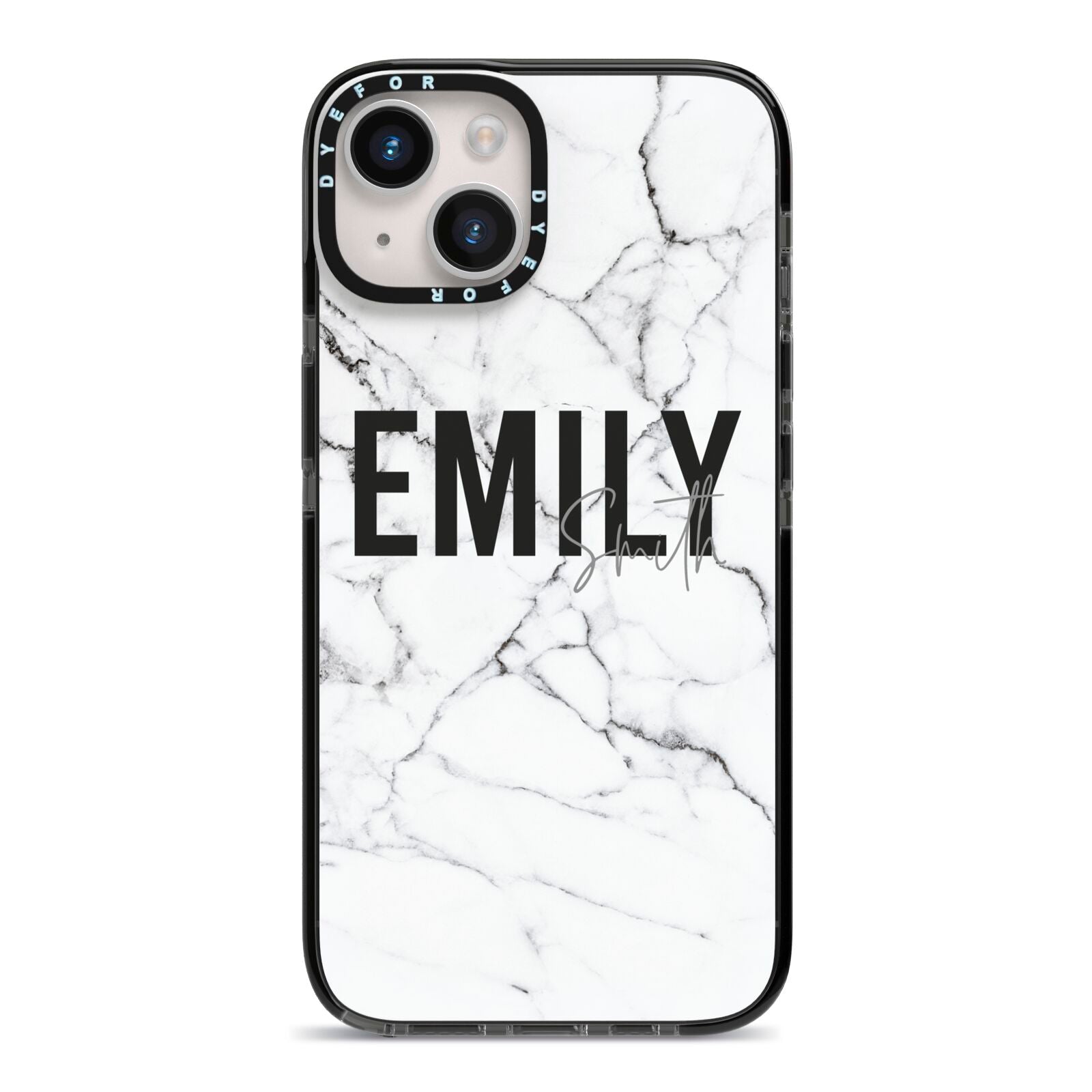 Black and White Personalised Marble Block Text iPhone 14 Black Impact Case on Silver phone