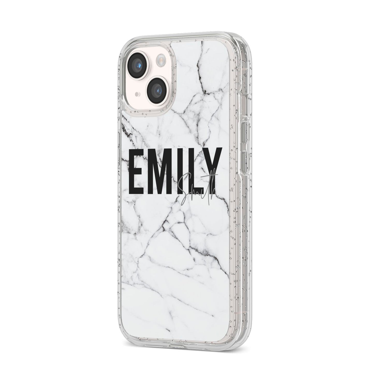 Black and White Personalised Marble Block Text iPhone 14 Glitter Tough Case Starlight Angled Image