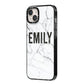 Black and White Personalised Marble Block Text iPhone 14 Plus Black Impact Case Side Angle on Silver phone