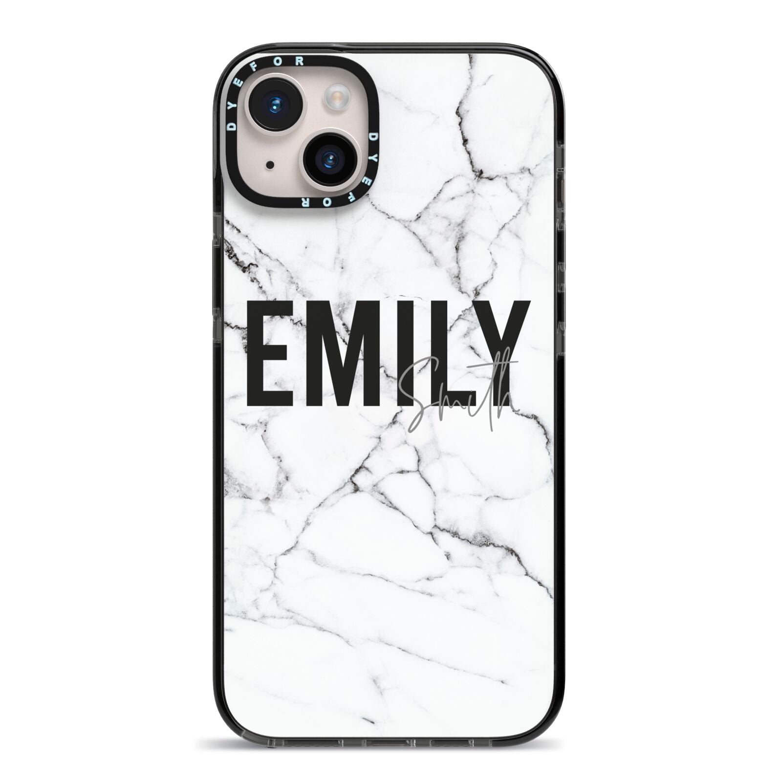 Black and White Personalised Marble Block Text iPhone 14 Plus Black Impact Case on Silver phone