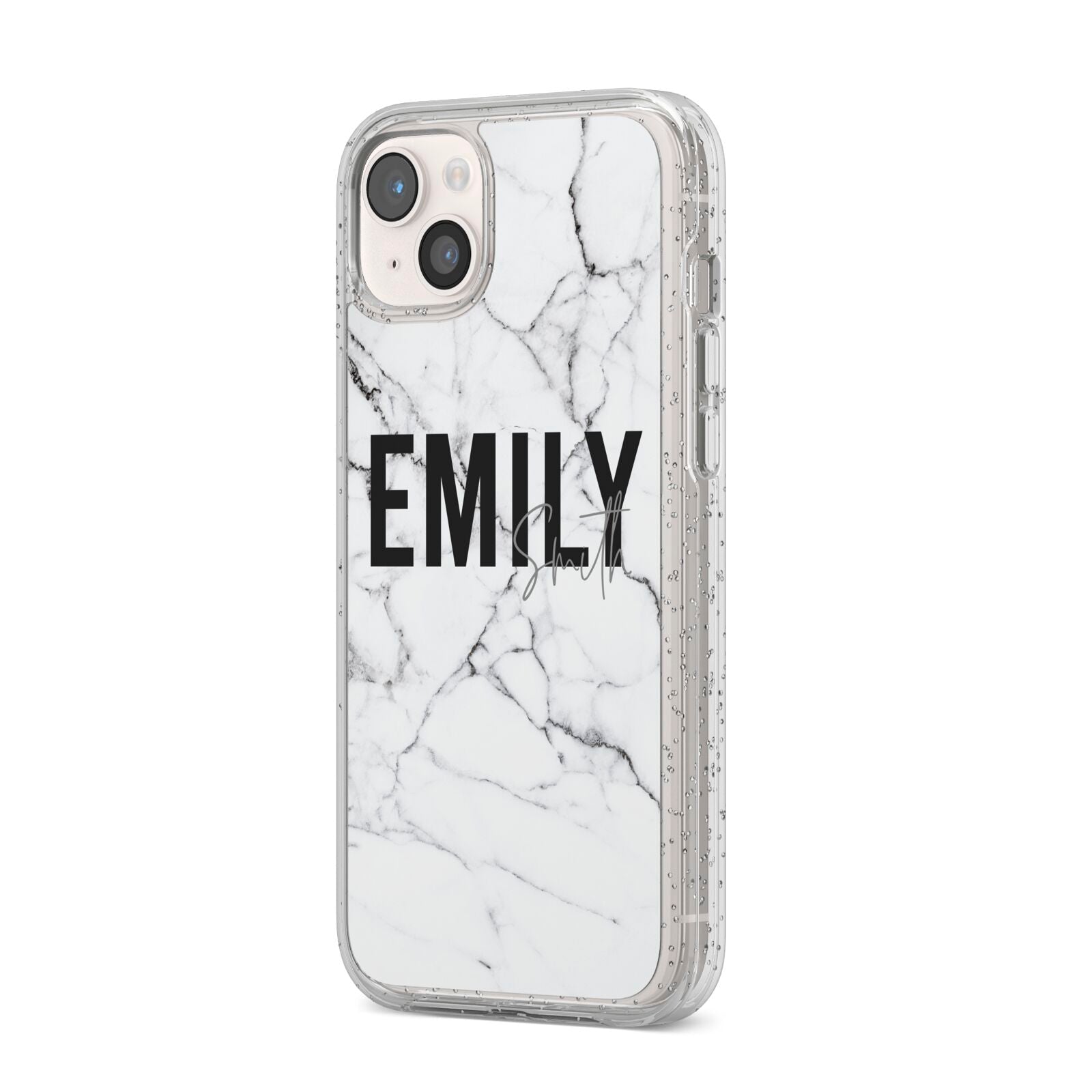 Black and White Personalised Marble Block Text iPhone 14 Plus Glitter Tough Case Starlight Angled Image