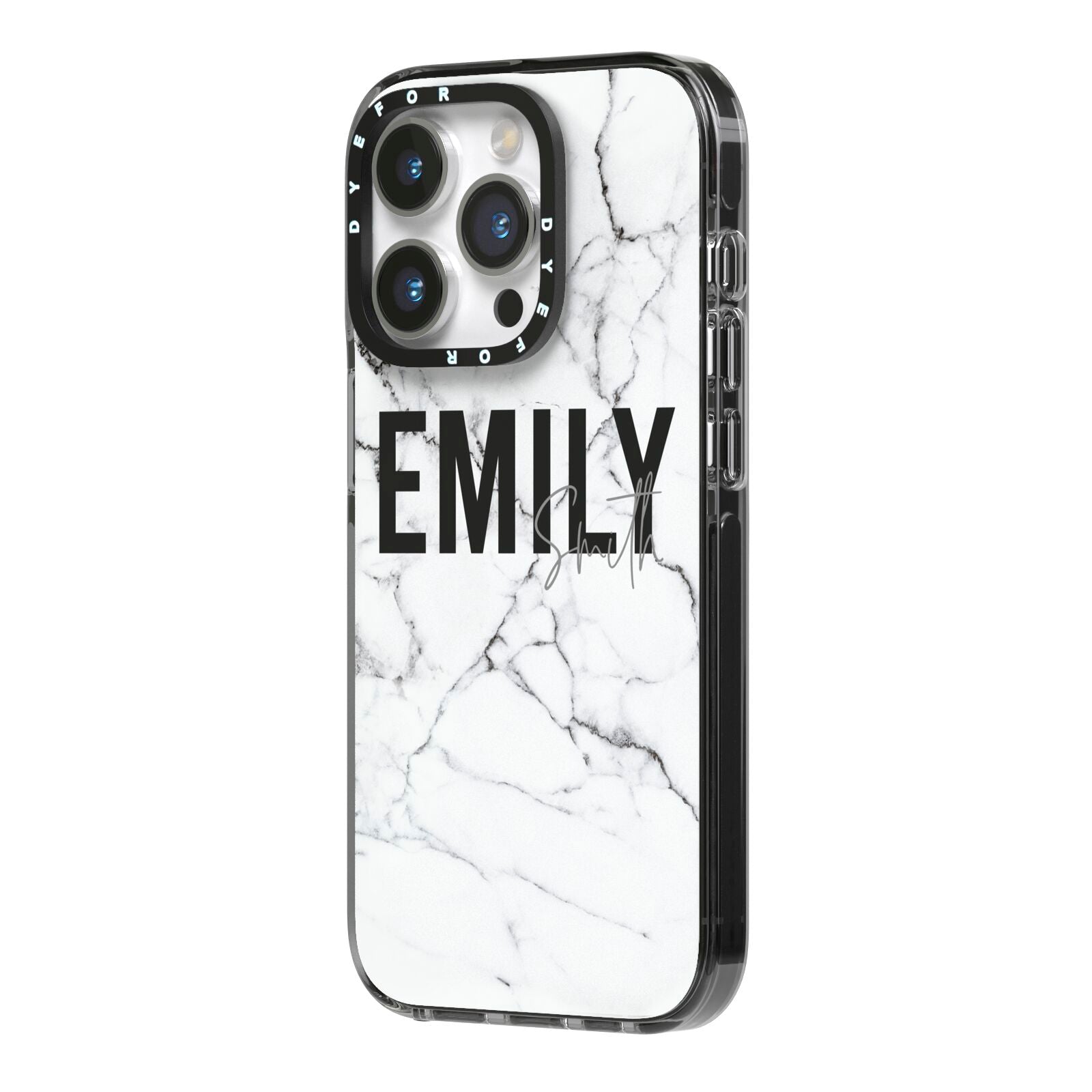 Black and White Personalised Marble Block Text iPhone 14 Pro Black Impact Case Side Angle on Silver phone