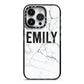 Black and White Personalised Marble Block Text iPhone 14 Pro Black Impact Case on Silver phone