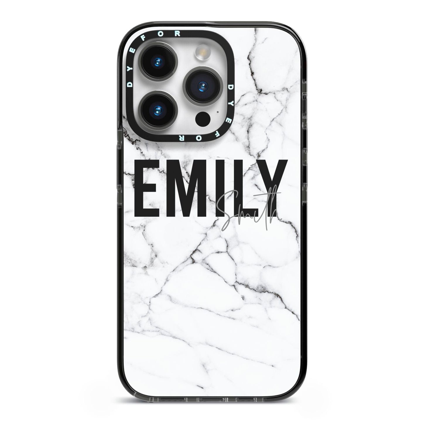 Black and White Personalised Marble Block Text iPhone 14 Pro Black Impact Case on Silver phone