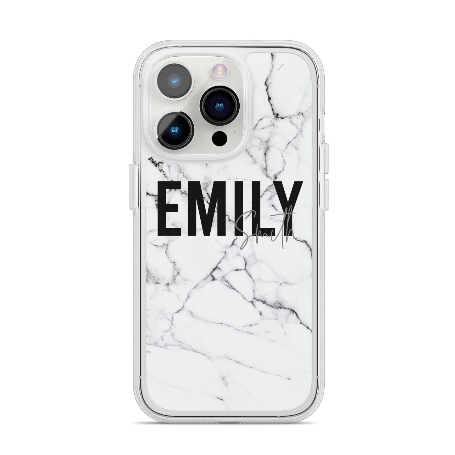 Black and White Personalised Marble Block Text iPhone 14 Pro Clear Tough Case Silver