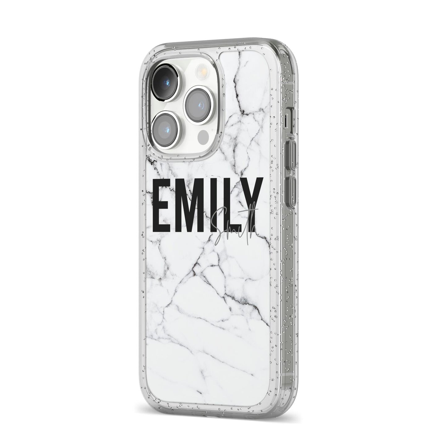 Black and White Personalised Marble Block Text iPhone 14 Pro Glitter Tough Case Silver Angled Image