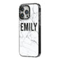 Black and White Personalised Marble Block Text iPhone 14 Pro Max Black Impact Case Side Angle on Silver phone