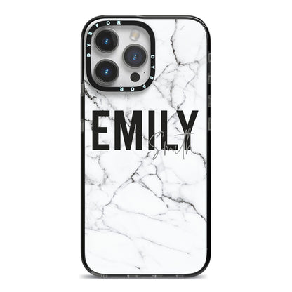 Black and White Personalised Marble Block Text iPhone 14 Pro Max Black Impact Case on Silver phone