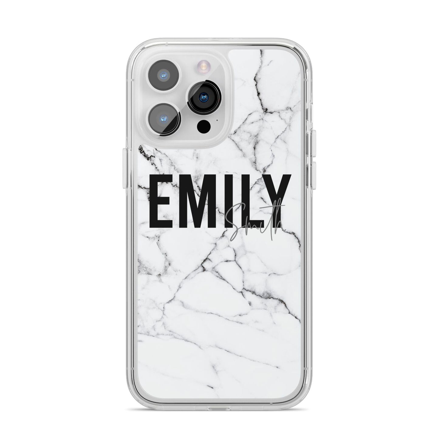 Black and White Personalised Marble Block Text iPhone 14 Pro Max Clear Tough Case Silver