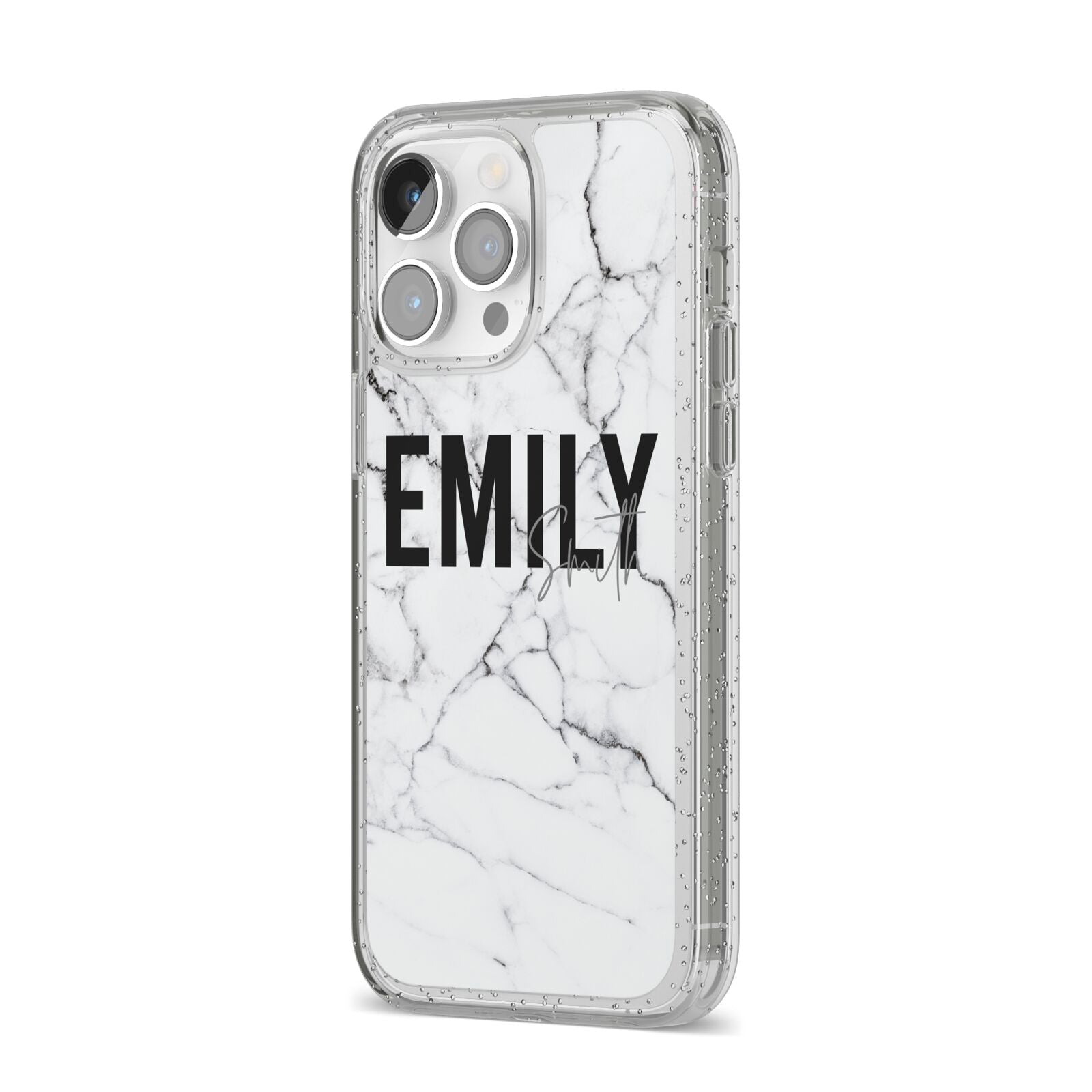Black and White Personalised Marble Block Text iPhone 14 Pro Max Glitter Tough Case Silver Angled Image