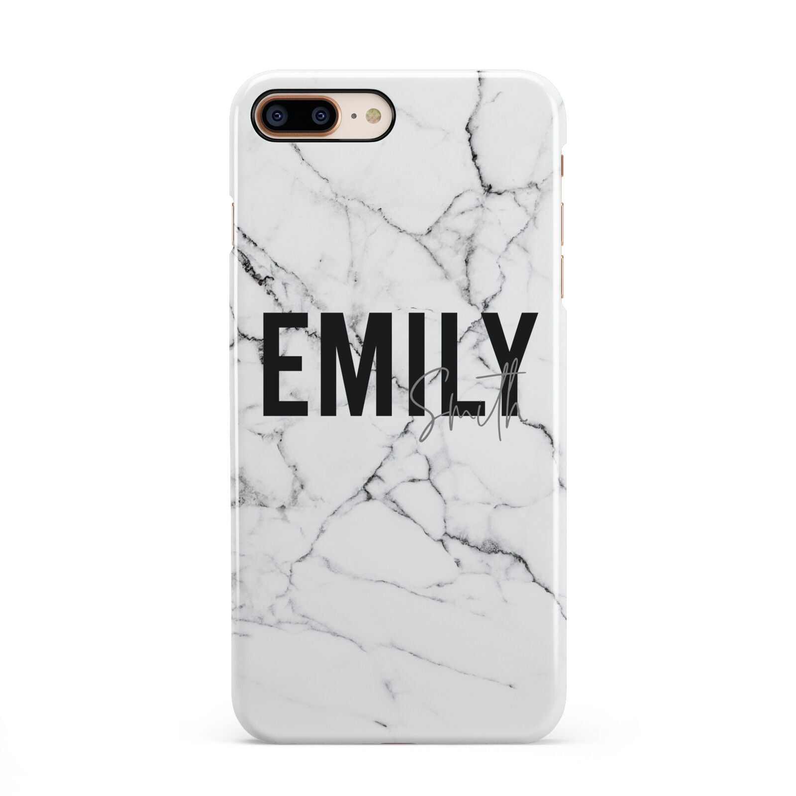 Black and White Personalised Marble Block Text iPhone 8 Plus 3D Snap Case on Gold Phone