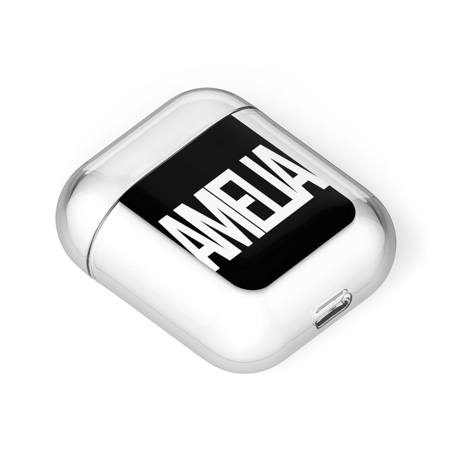 Black with Bold White Name AirPods Case Laid Flat