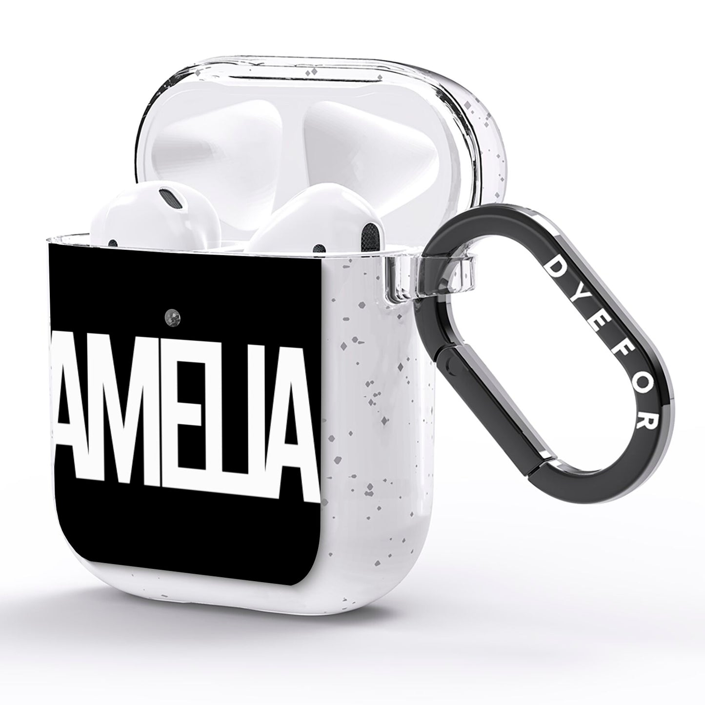 Black with Bold White Name AirPods Glitter Case Side Image