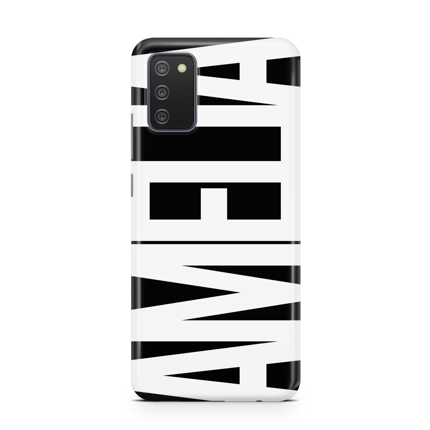 Black with Bold White Name Samsung A02s Case