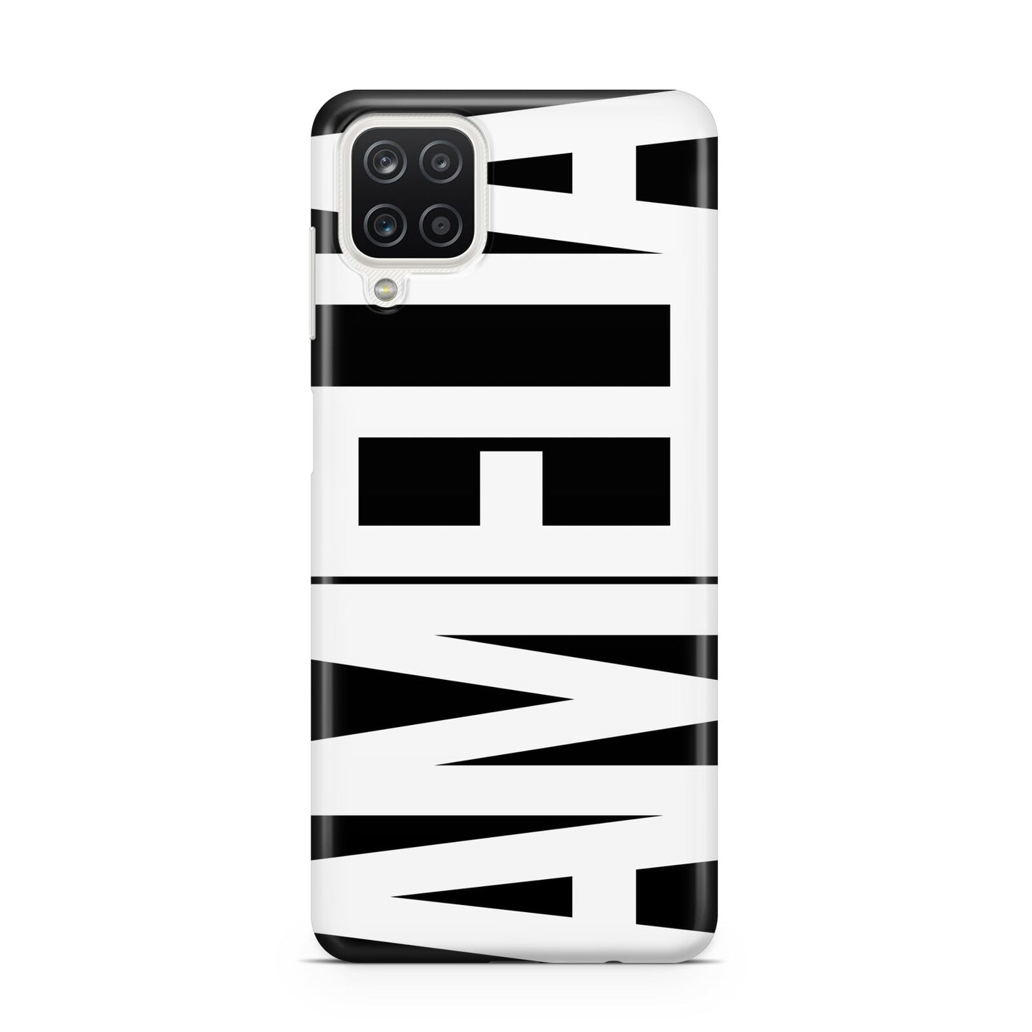 Black with Bold White Name Samsung A12 Case