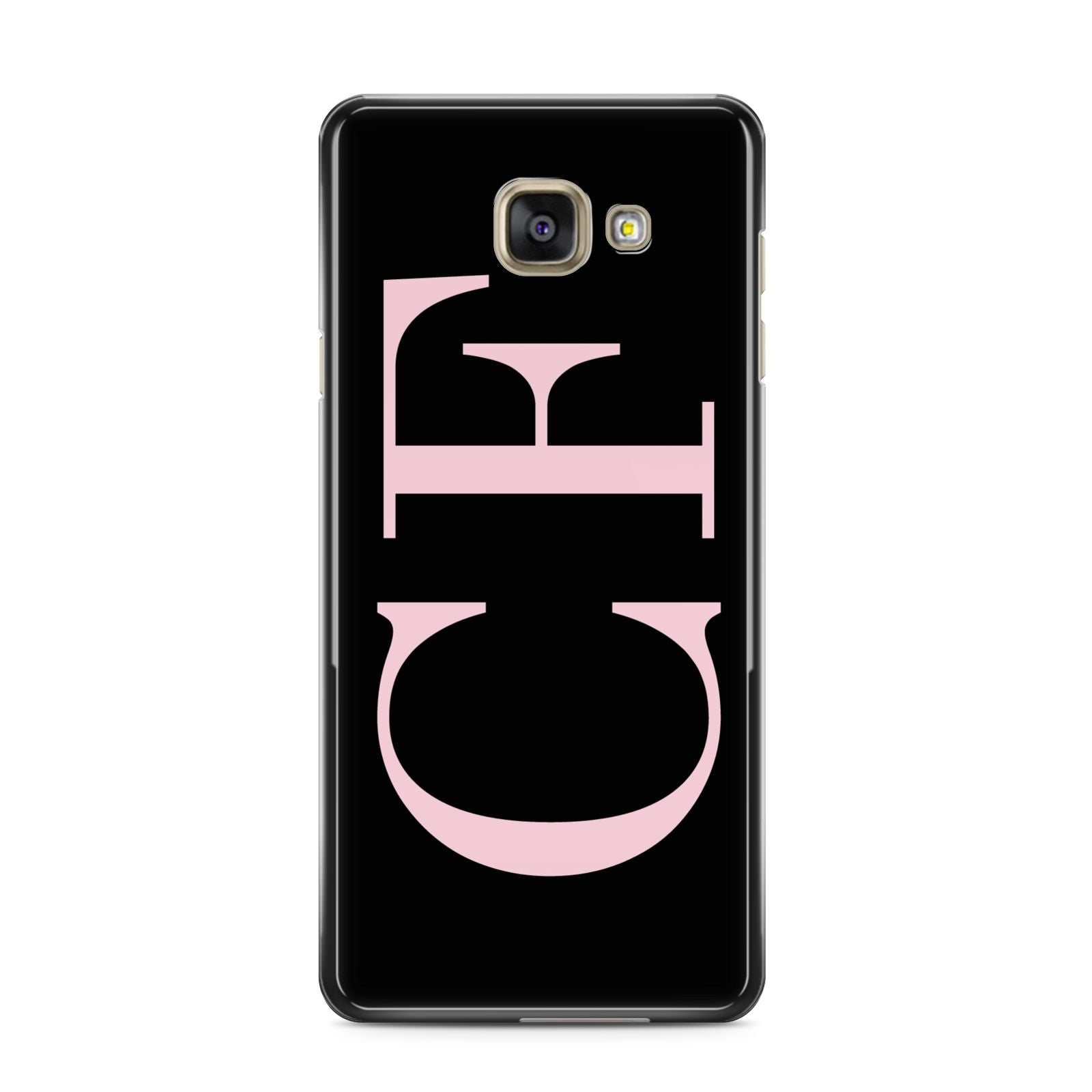 Black with Large Pink Initials Personalised Samsung Galaxy A3 2016 Case on gold phone