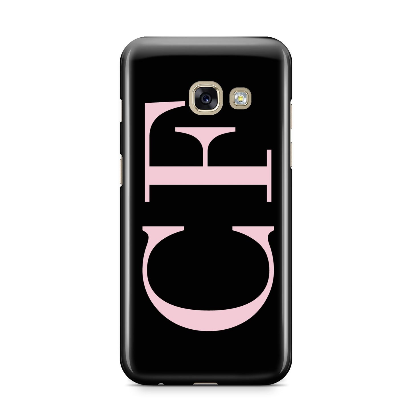 Black with Large Pink Initials Personalised Samsung Galaxy A3 2017 Case on gold phone