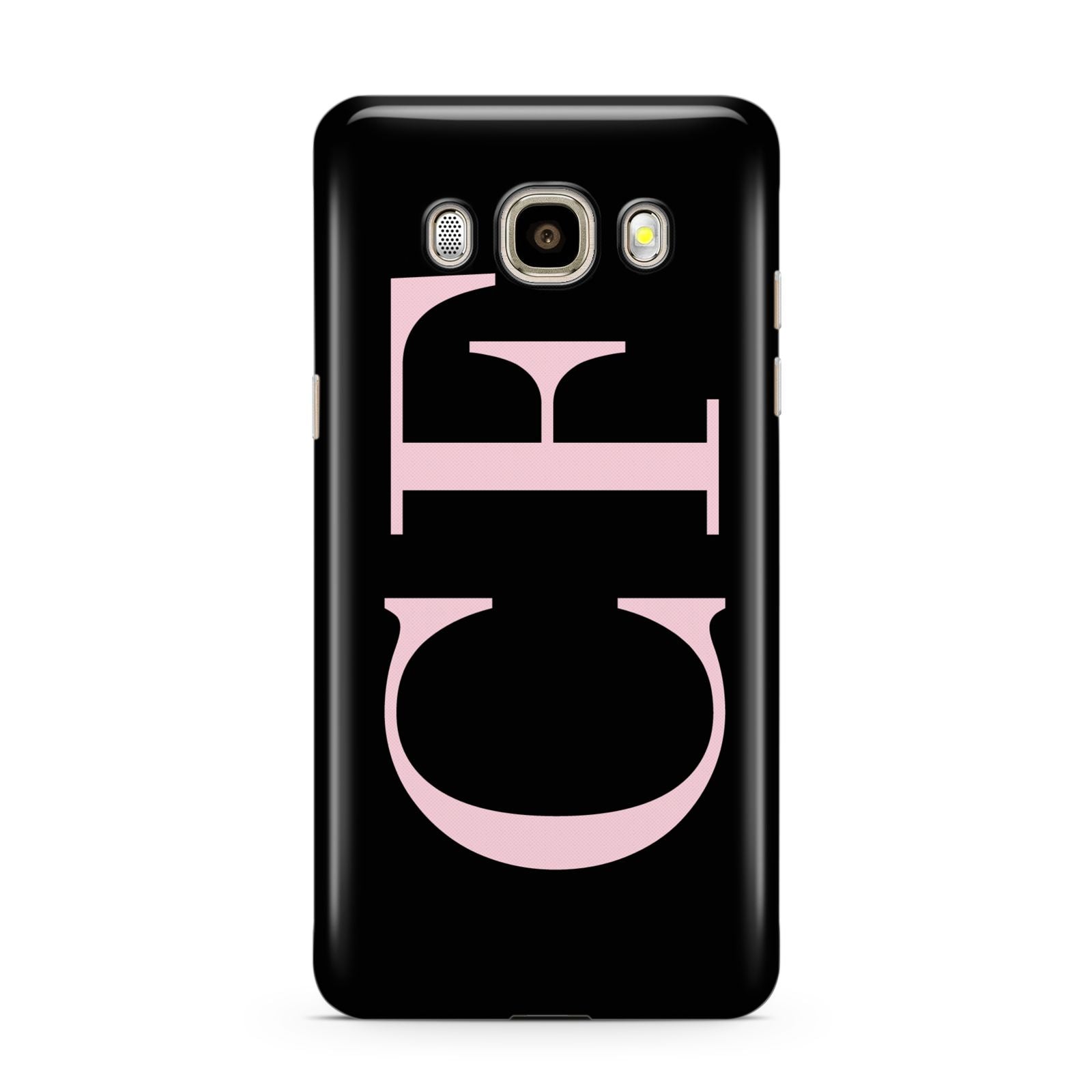 Black with Large Pink Initials Personalised Samsung Galaxy J7 2016 Case on gold phone