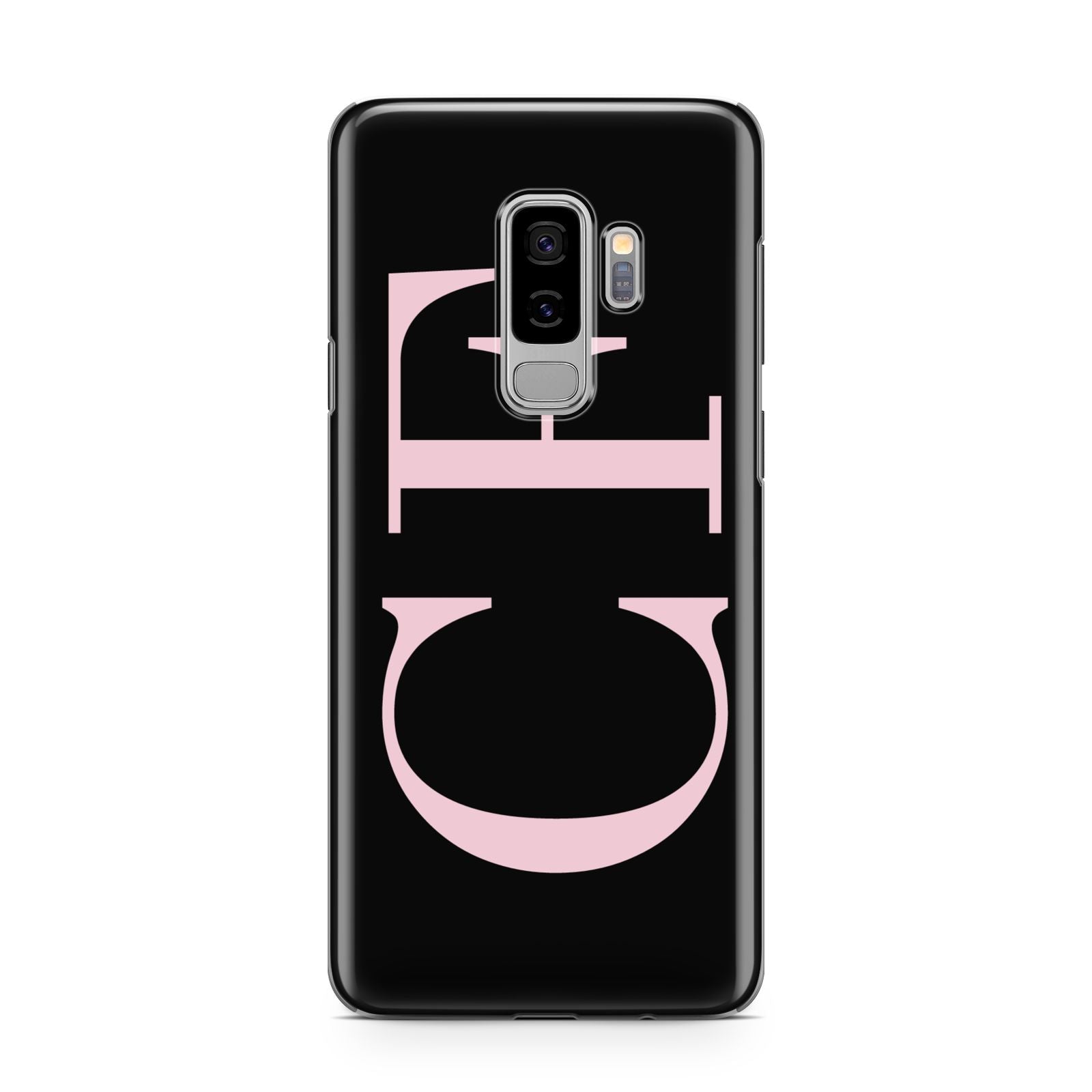 Black with Large Pink Initials Personalised Samsung Galaxy S9 Plus Case on Silver phone