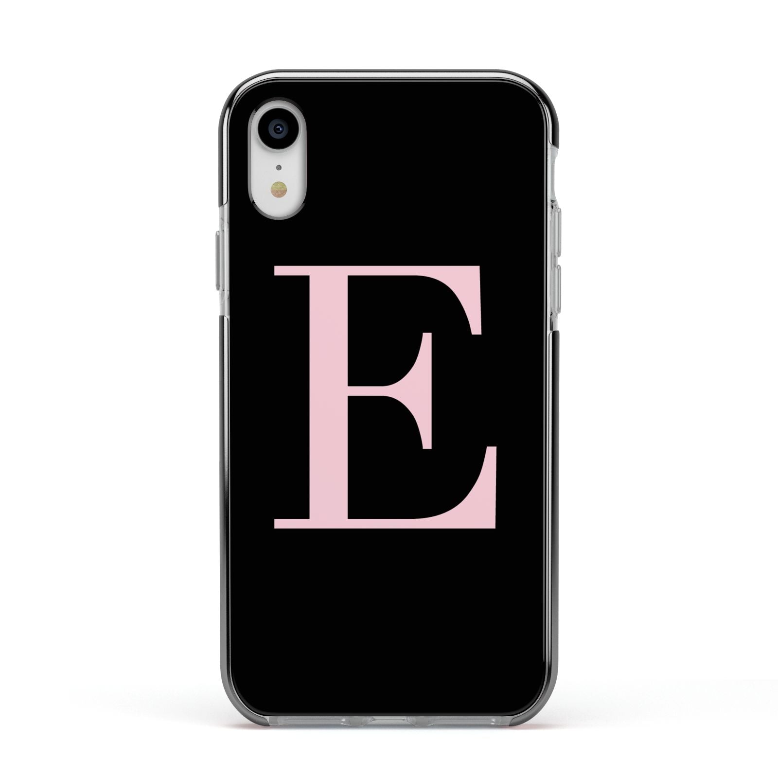 Black with Pink Personalised Monogram Apple iPhone XR Impact Case Black Edge on Silver Phone