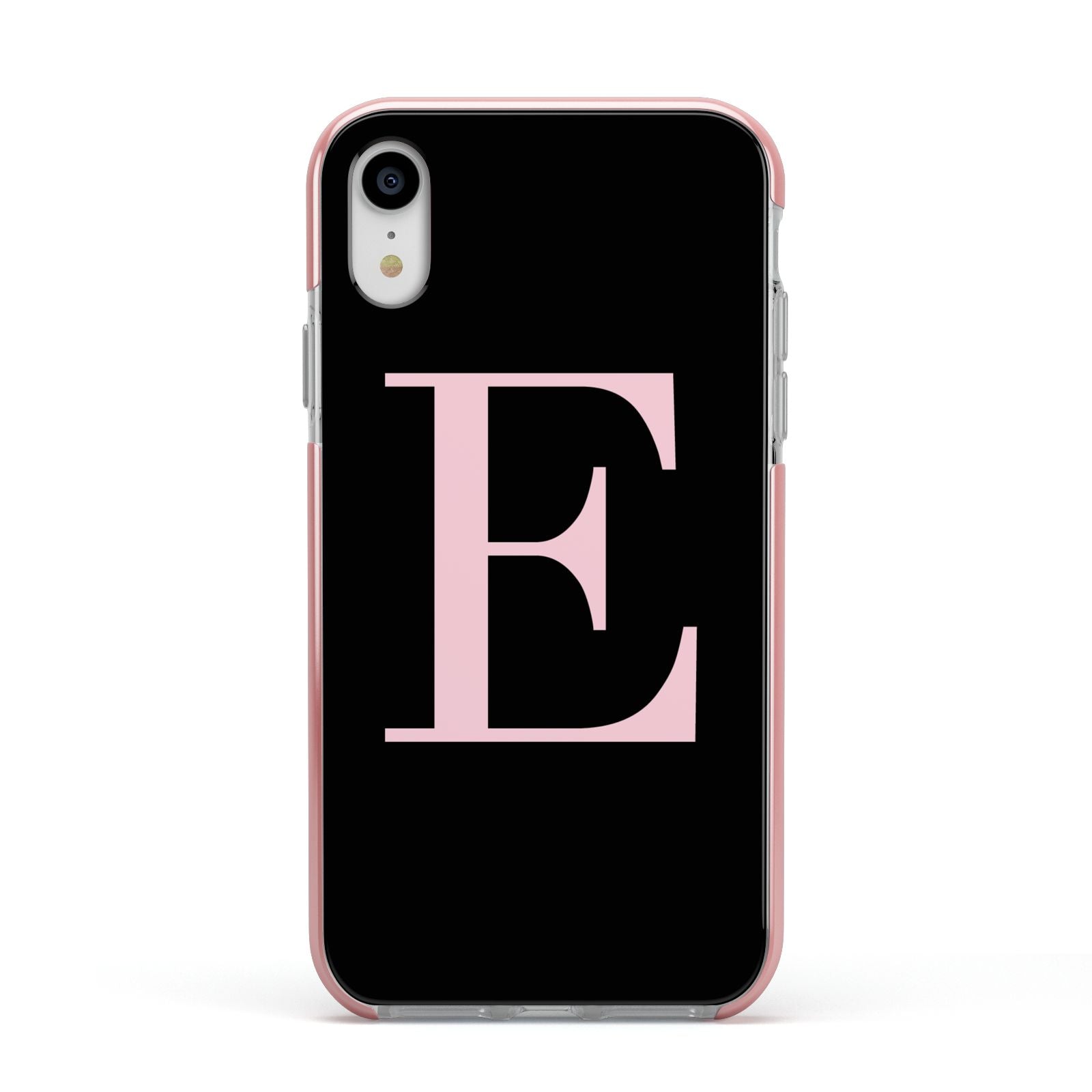 Black with Pink Personalised Monogram Apple iPhone XR Impact Case Pink Edge on Silver Phone