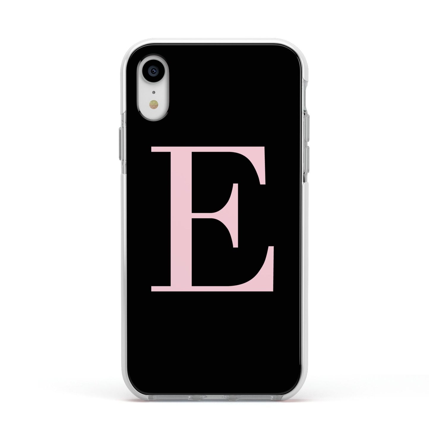 Black with Pink Personalised Monogram Apple iPhone XR Impact Case White Edge on Silver Phone