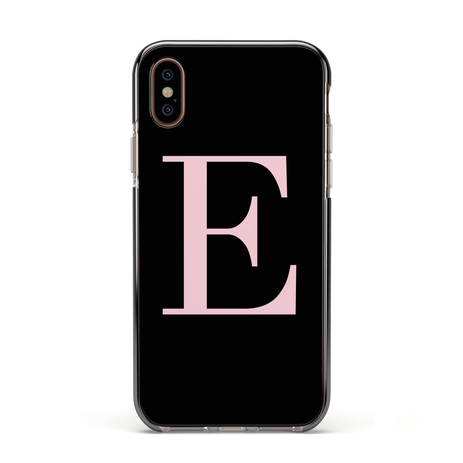 Black with Pink Personalised Monogram Apple iPhone Xs Impact Case Black Edge on Gold Phone