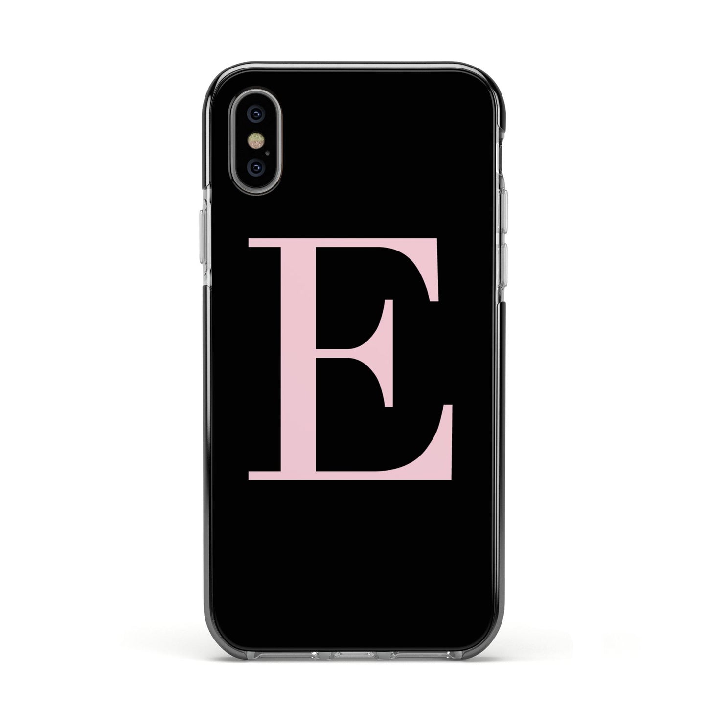 Black with Pink Personalised Monogram Apple iPhone Xs Impact Case Black Edge on Silver Phone