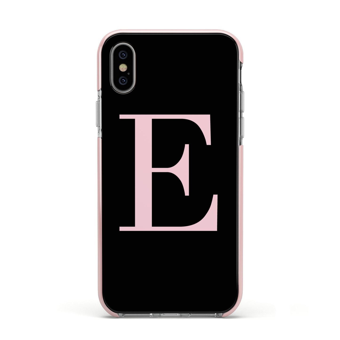 Black with Pink Personalised Monogram Apple iPhone Xs Impact Case Pink Edge on Silver Phone