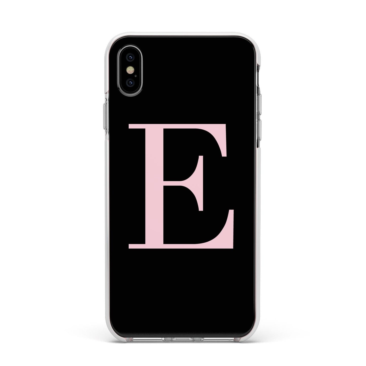 Black with Pink Personalised Monogram Apple iPhone Xs Max Impact Case White Edge on Silver Phone