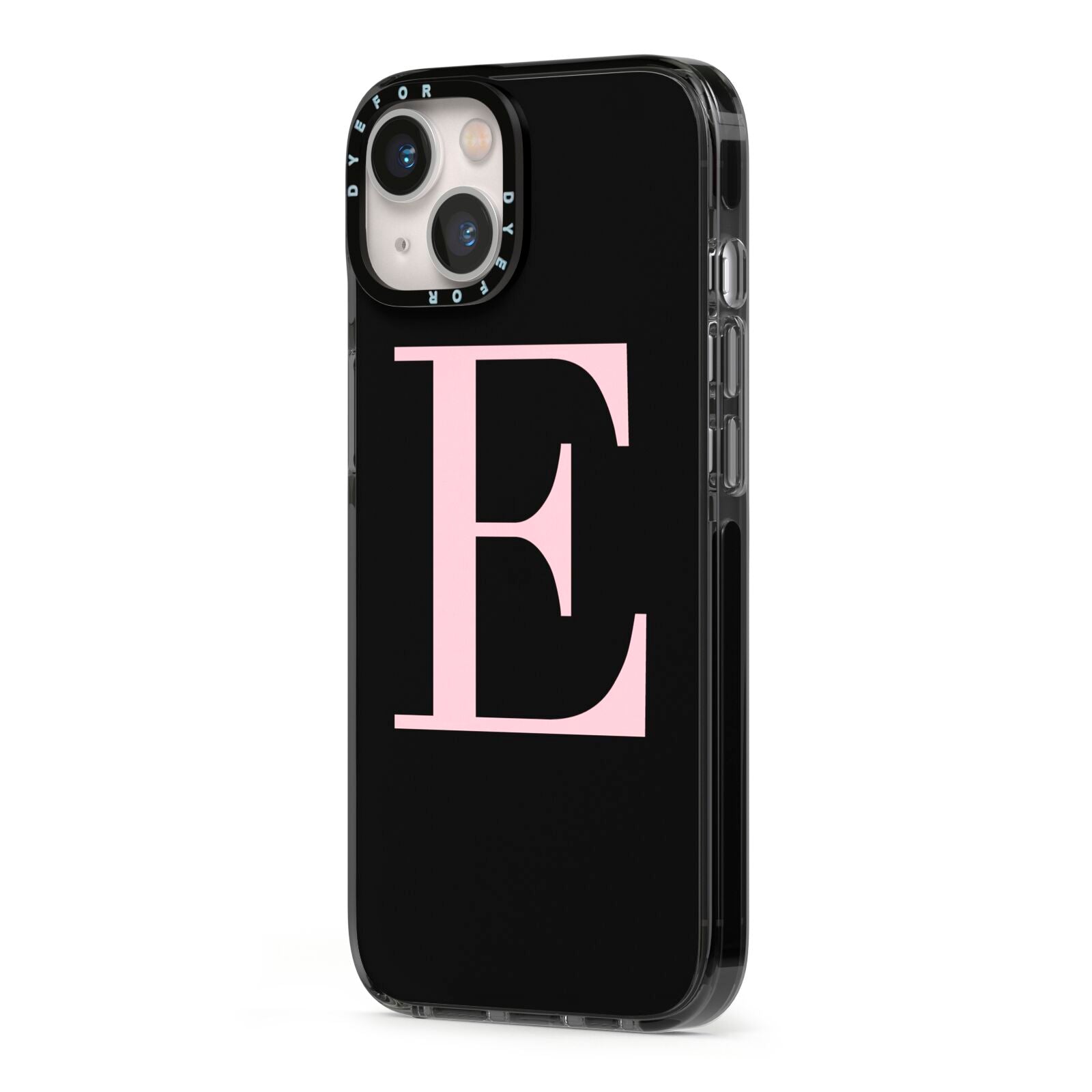 Black with Pink Personalised Monogram iPhone 13 Black Impact Case Side Angle on Silver phone