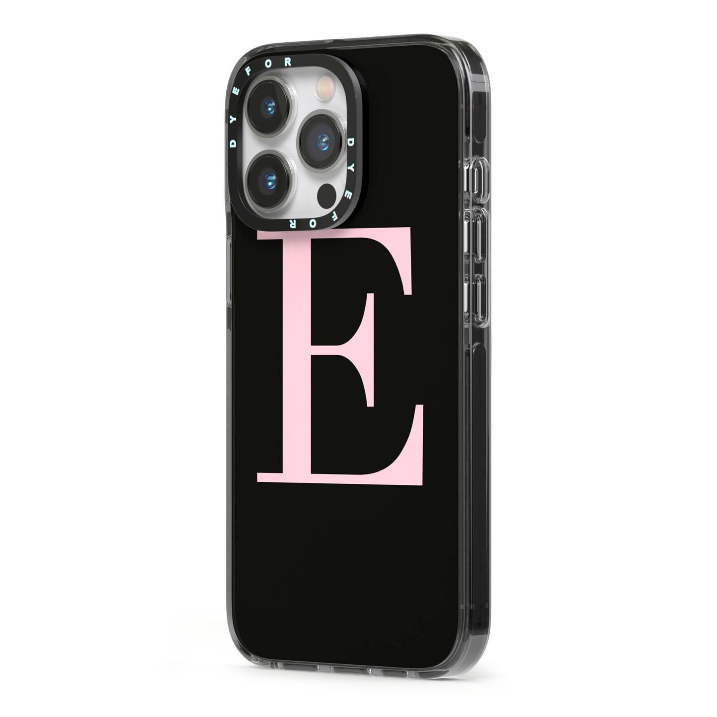 Black with Pink Personalised Monogram iPhone 13 Pro Black Impact Case Side Angle on Silver phone